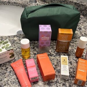 Green Cosmetic Bag with Skincare Products